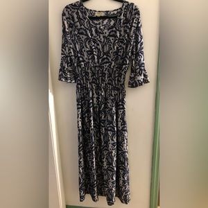 Printed sequin navy blue fit flair maxi dress